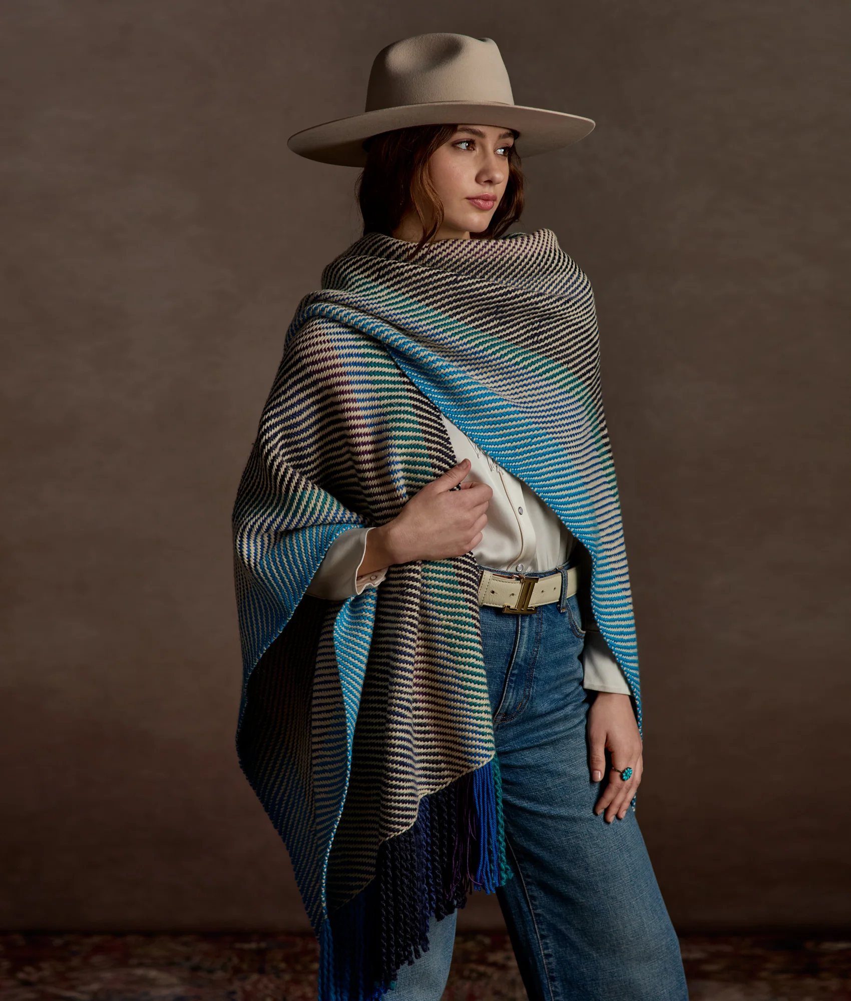 Aline Fringe Cape :: Striped Blue