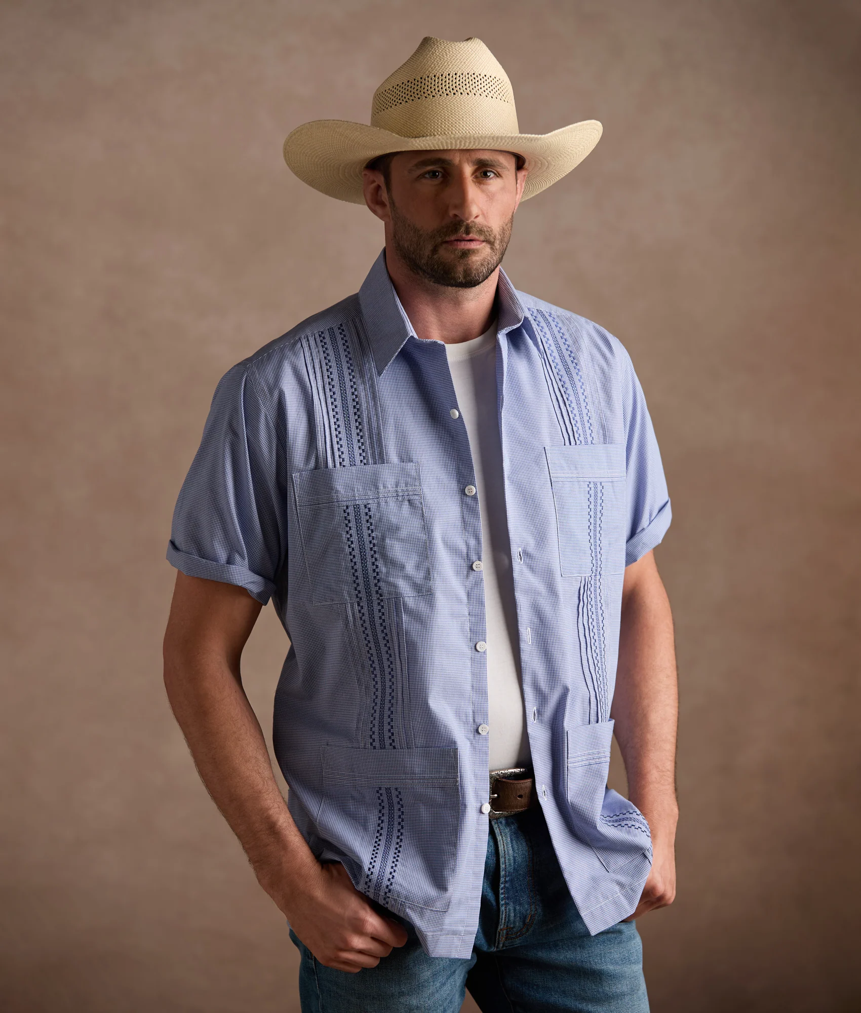 Guayabera Shirt :: Light Blue And White Gingham