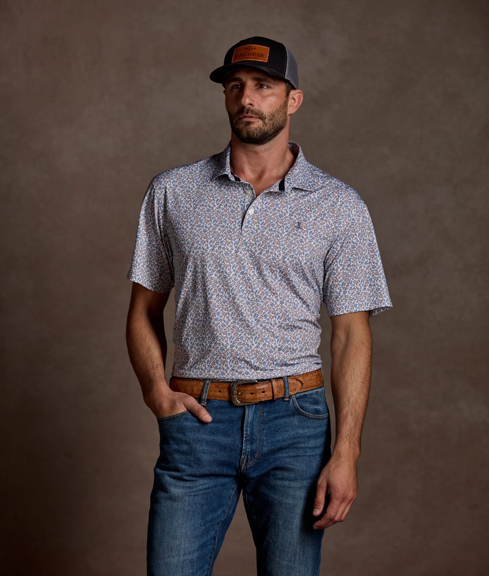 Lucchese Golf Polo :: Brown And Blue Floral