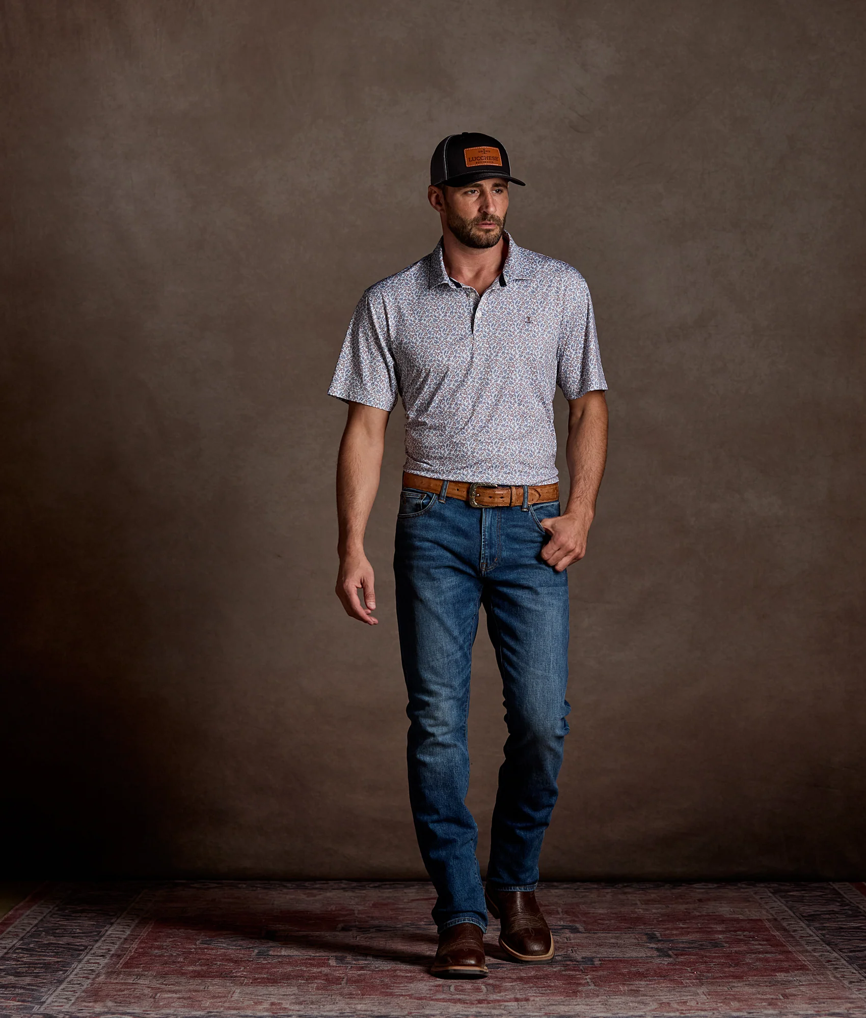 Lucchese Golf Polo :: Brown And Blue Floral